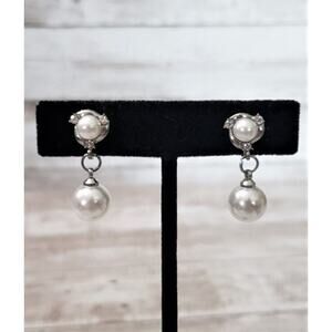 Vintage Clip On Earrings Stunning Faux Pearl Dangle with Clear Gem Detail